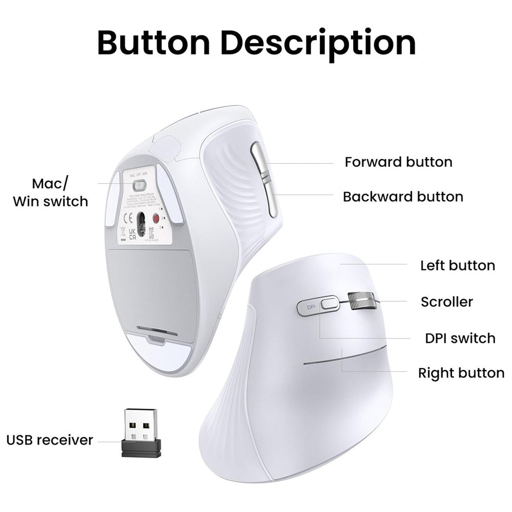 Mouse Vertical Inalambrico Ergonomico UGREEN 4000DPI USB 2.4GHz 10 Mts S1825