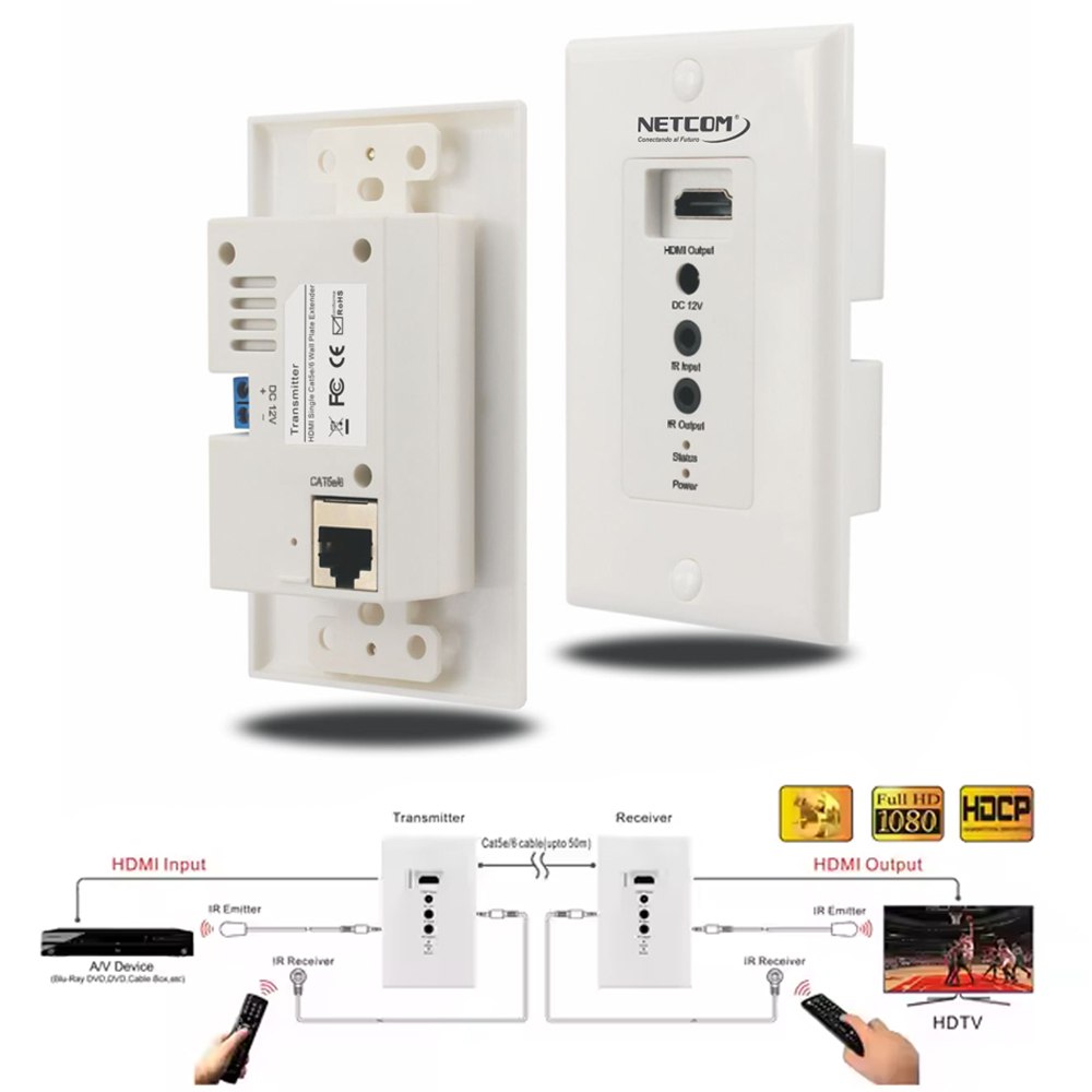 Extender HDMI 70 Metros NETCOM Face plate Placa de Pared UTP Cat 6 7 8 S1828
