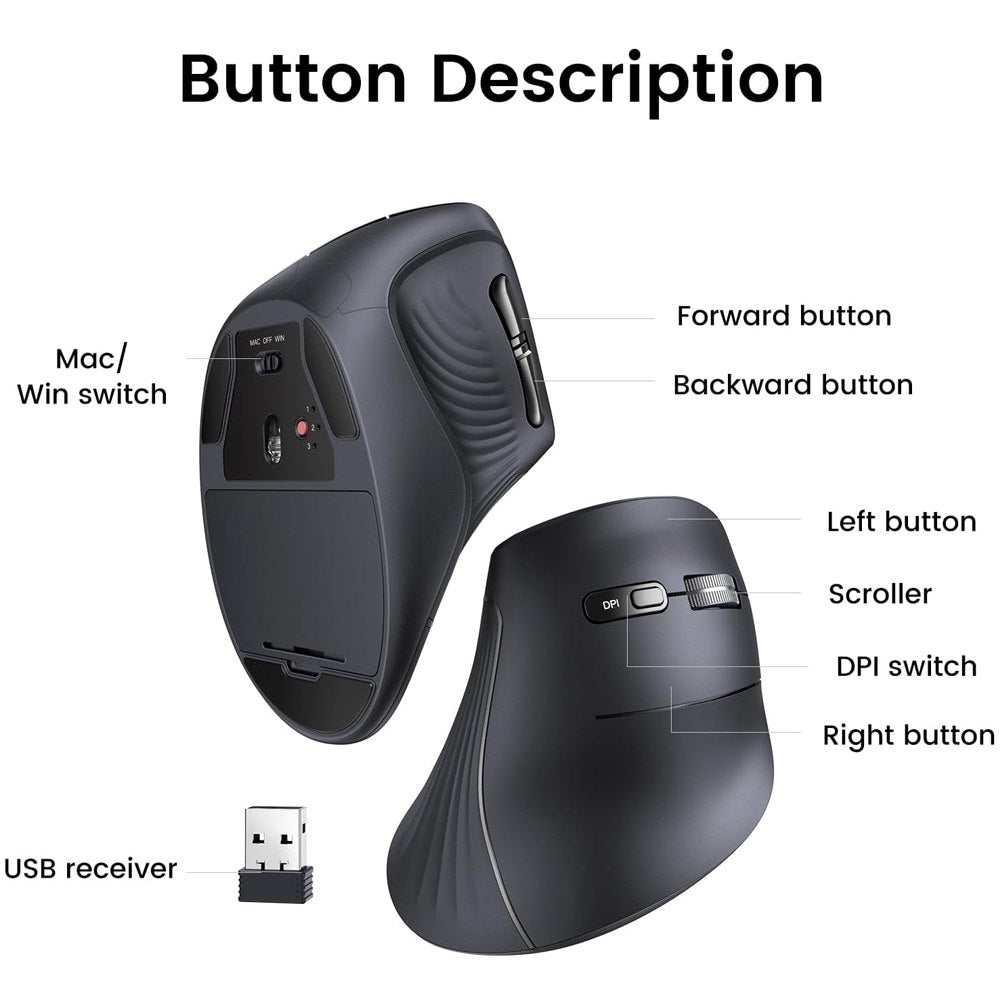 Mouse Vertical Inalambrico Ergonomico UGREEN 4000DPI USB 2.4GHz 10 Mts Negro S1829