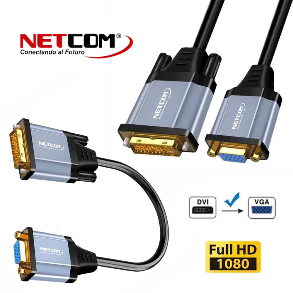 Adaptador Convertidor DVI D 24+1 a VGA Activo NETCOM Cable PVC S1852