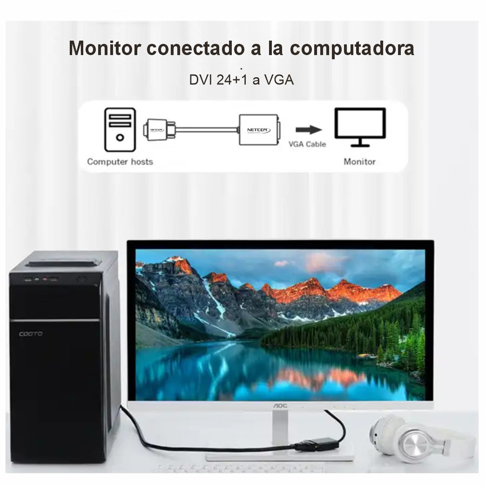 Adaptador Convertidor DVI D 24+1 a VGA Activo NETCOM Cable PVC S1852
