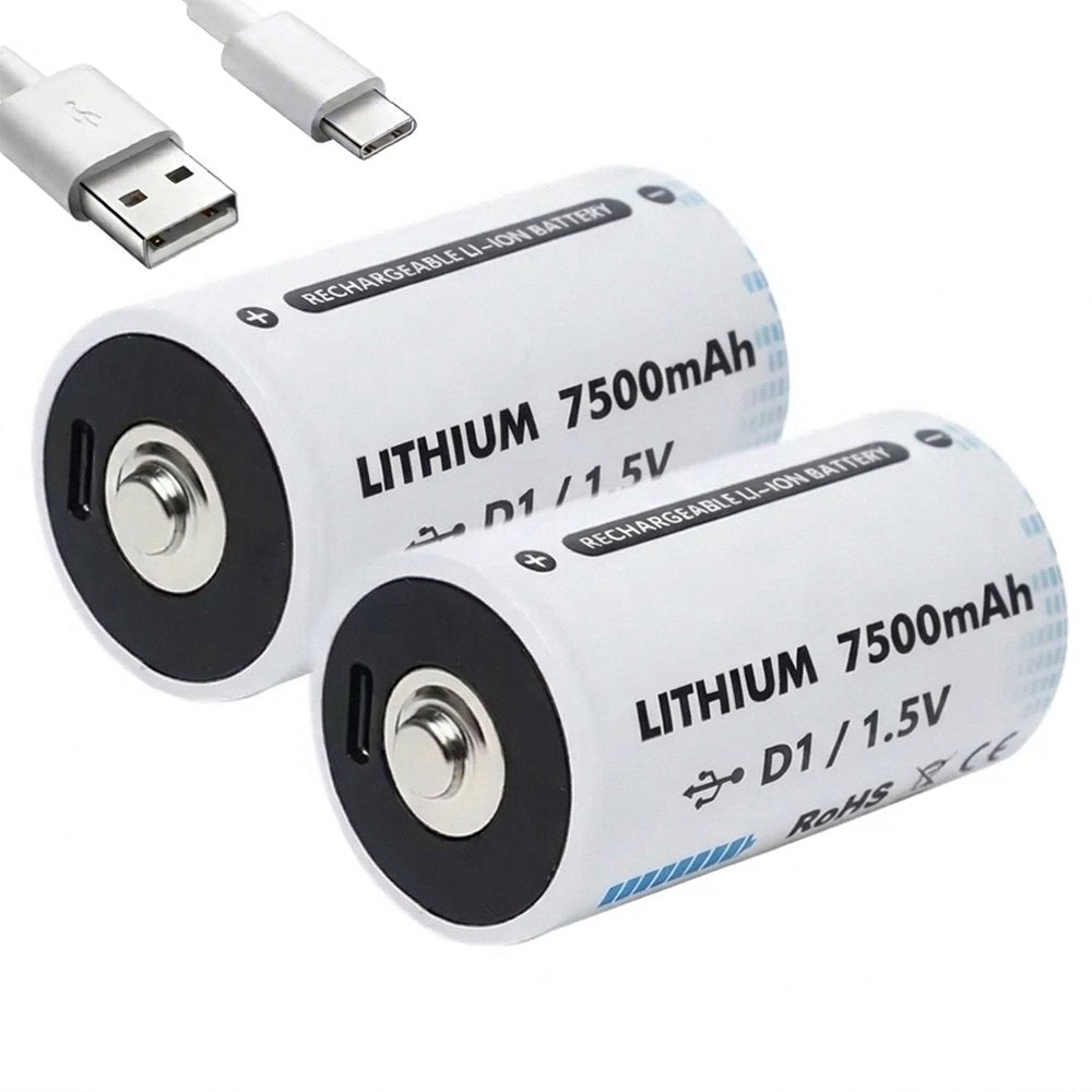 2 Baterias de Litio Recargable Tipo D 1.5V 7500mAh Pila D1 USB C S1861