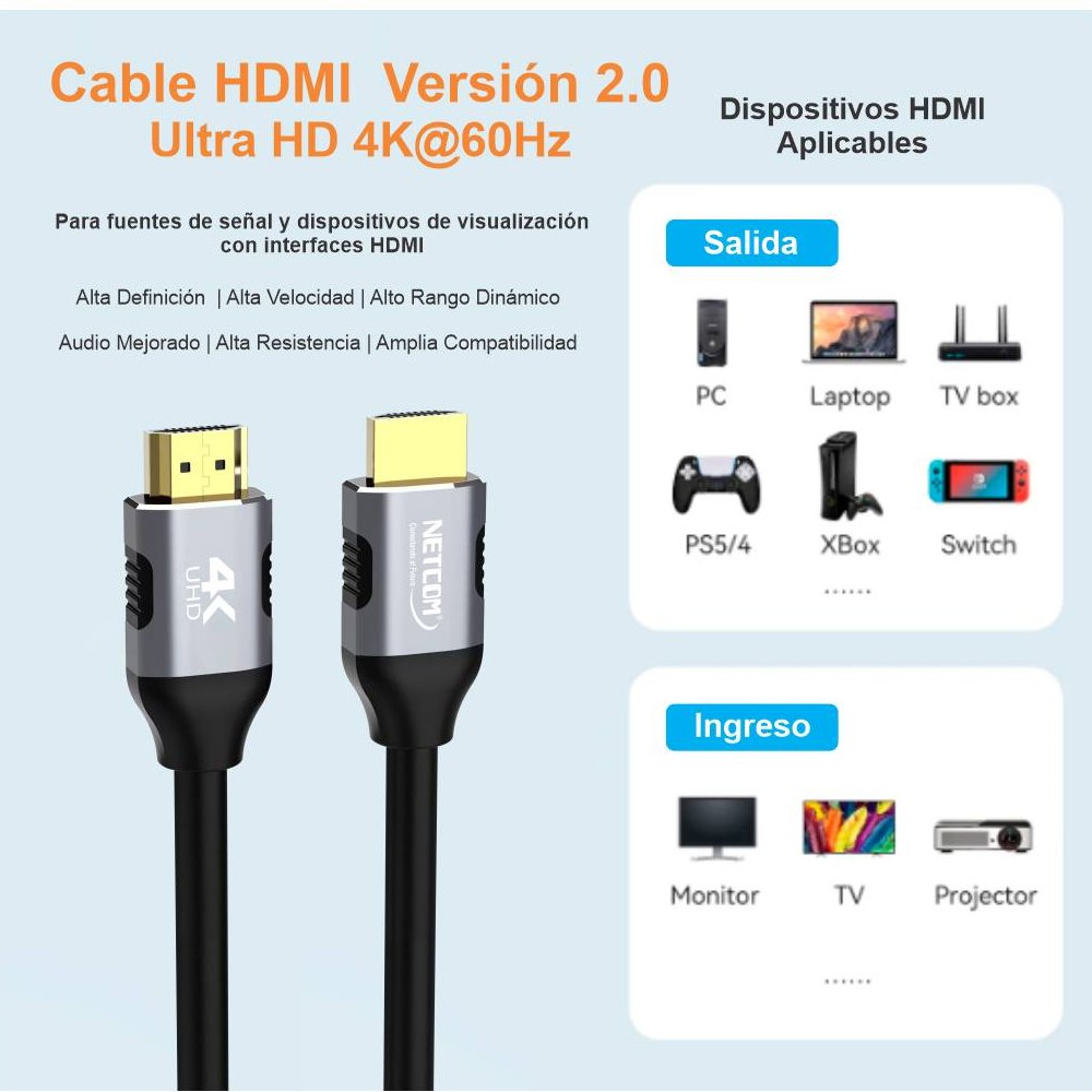 Cable HDMI 2.0 20 Metros NETCOM Ultra HD 3D 4K 60hz 2160P PVC S1867