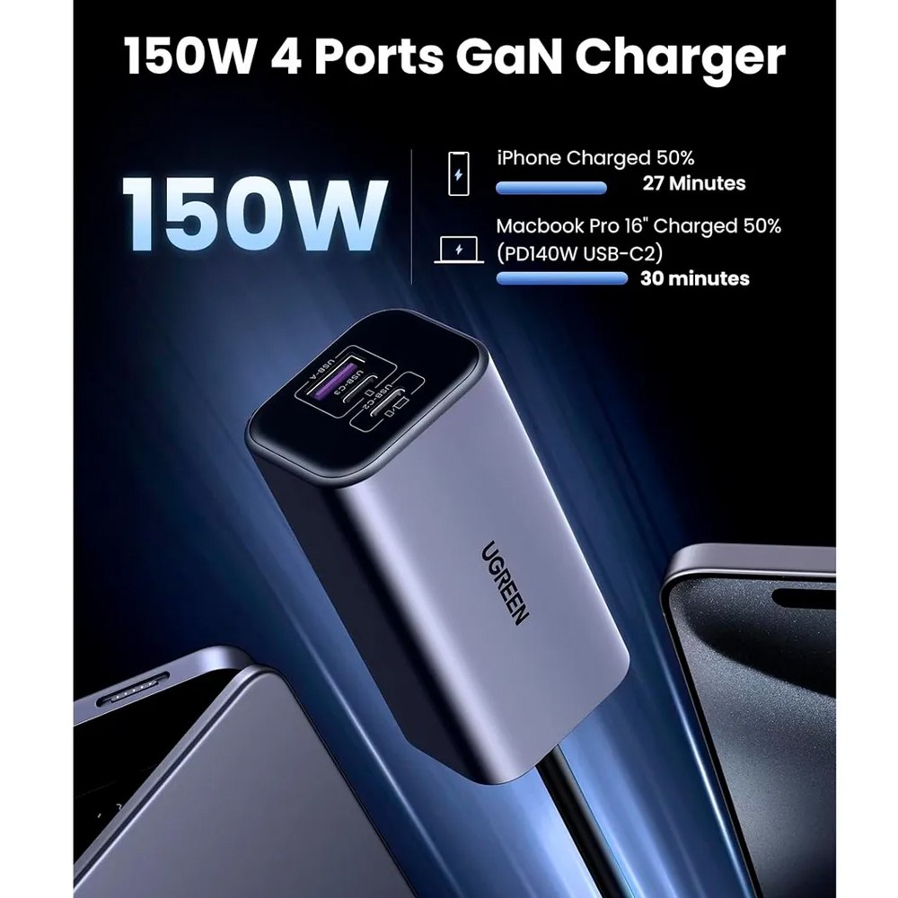Cargador para Auto 150w Ugreen 4 En 1 4 Puertos Gan Carga Rápida S1872
