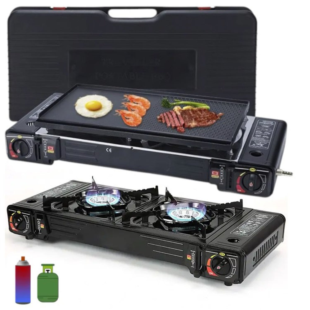 Cocina a Gas Portatil 2 Hornillas 2 en 1 con Parrilla Camp S1874
