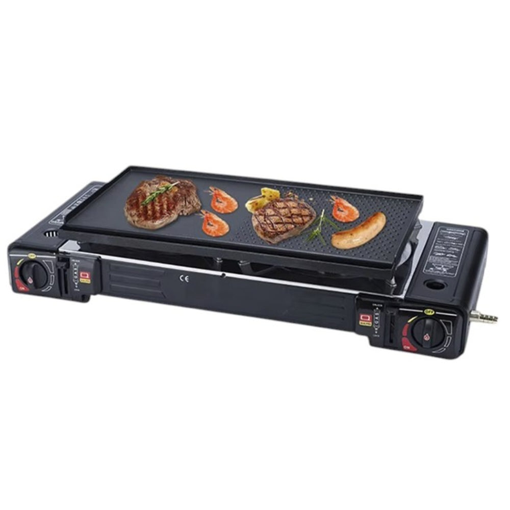 Cocina a Gas Portatil 2 Hornillas 2 en 1 con Parrilla Camp S1874