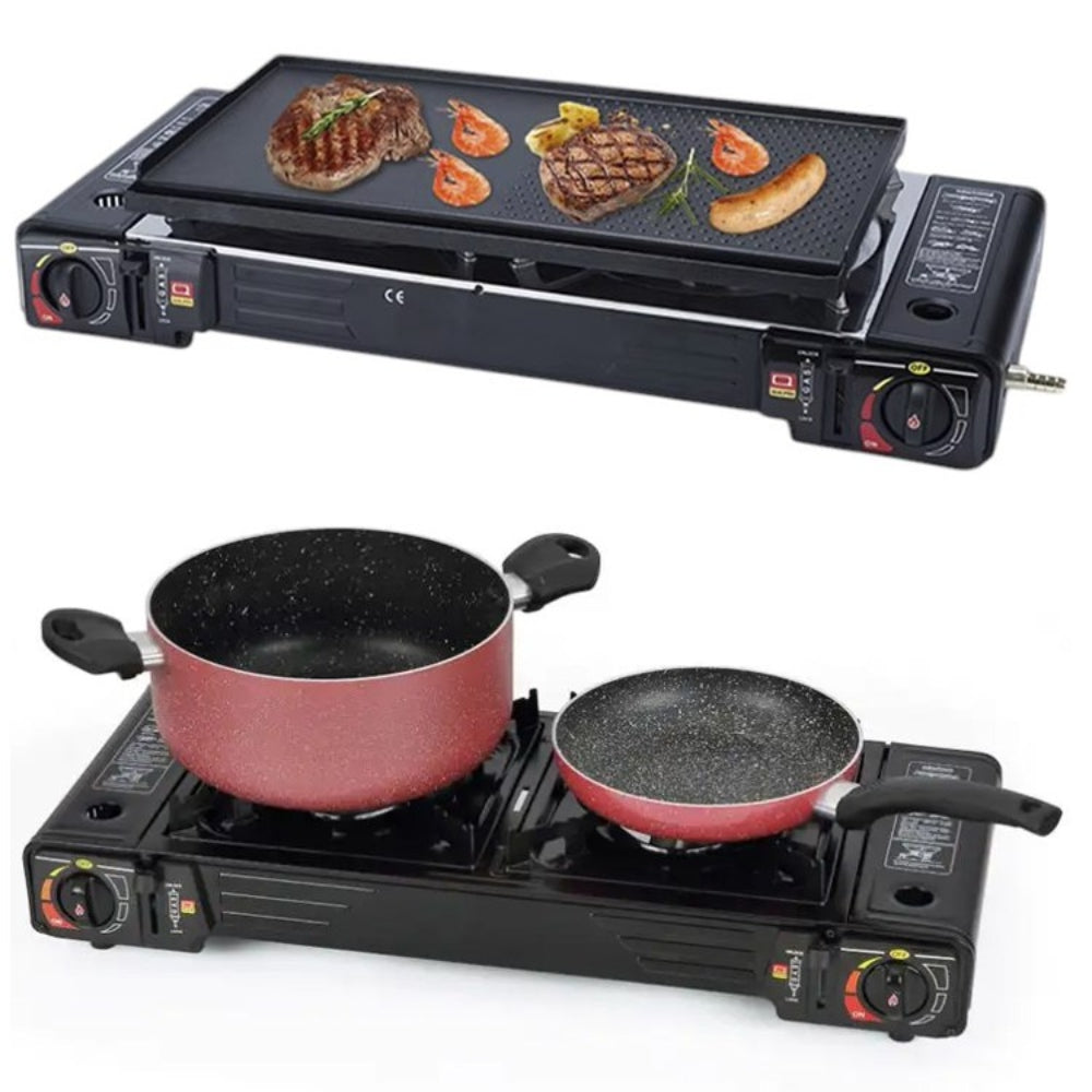 Cocina a Gas Portatil 2 Hornillas 2 en 1 con Parrilla Camp S1874