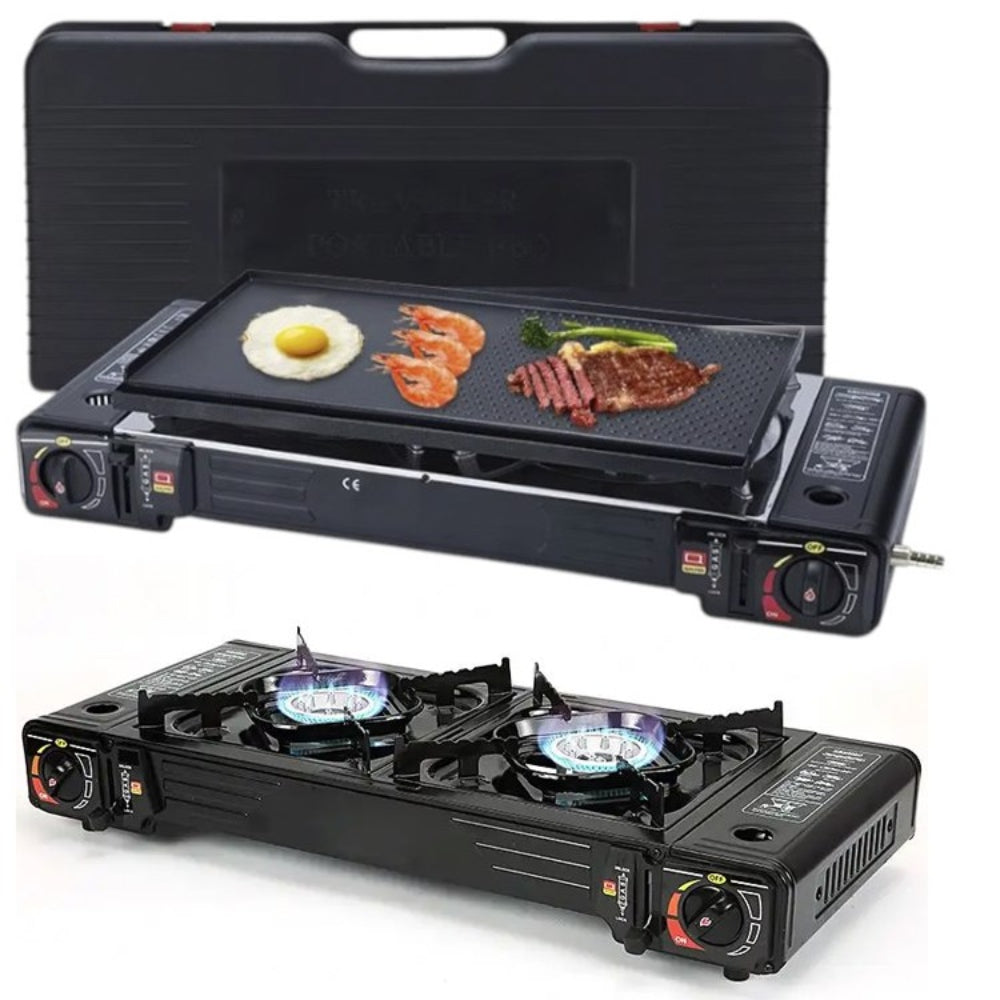 Cocina a Gas Portatil 2 Hornillas 2 en 1 con Parrilla Camp S1874