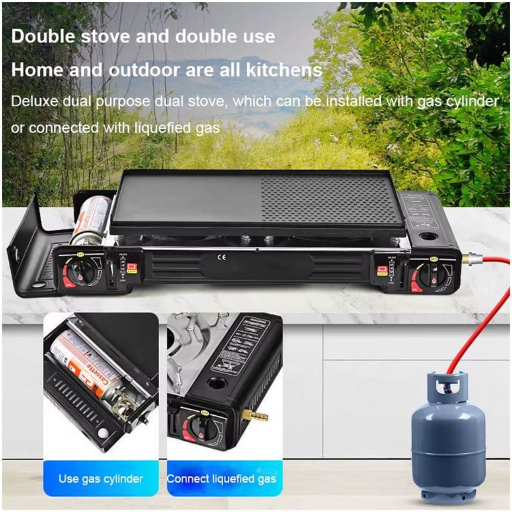 Cocina a Gas Portatil 2 Hornillas 2 en 1 con Parrilla Camp S1874