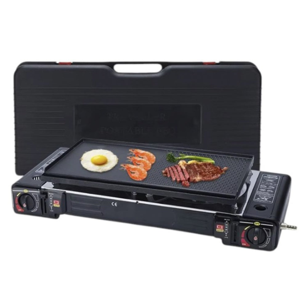 Cocina a Gas Portatil 2 Hornillas 2 en 1 con Parrilla Camp S1874