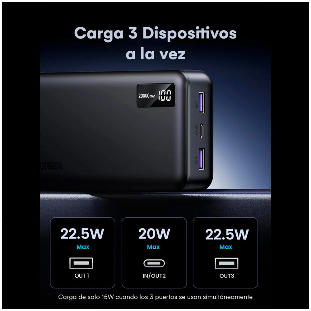 Power Bank Ugreen 20.000mah Usb 22.5w Tipo C 20w pd Carga Rapida S1886
