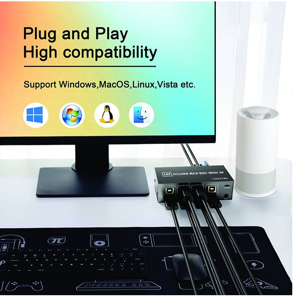 Conmutador Kvm Hdmi Switch 4 X 1 4k 60hz Netcom 4 Puertos USB S1891