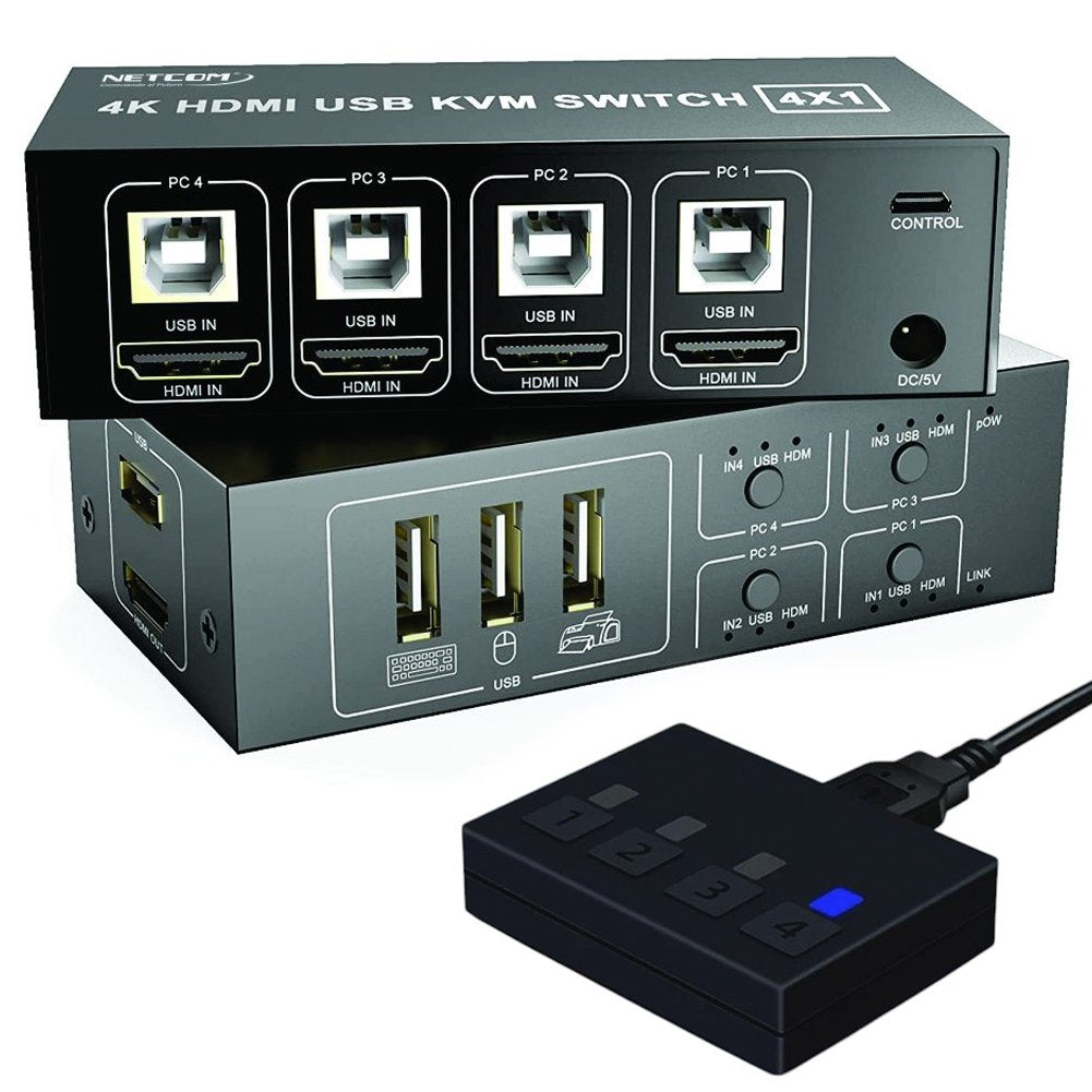 Conmutador Kvm Hdmi Switch 4 X 1 4k 60hz Netcom 4 Puertos USB S1891