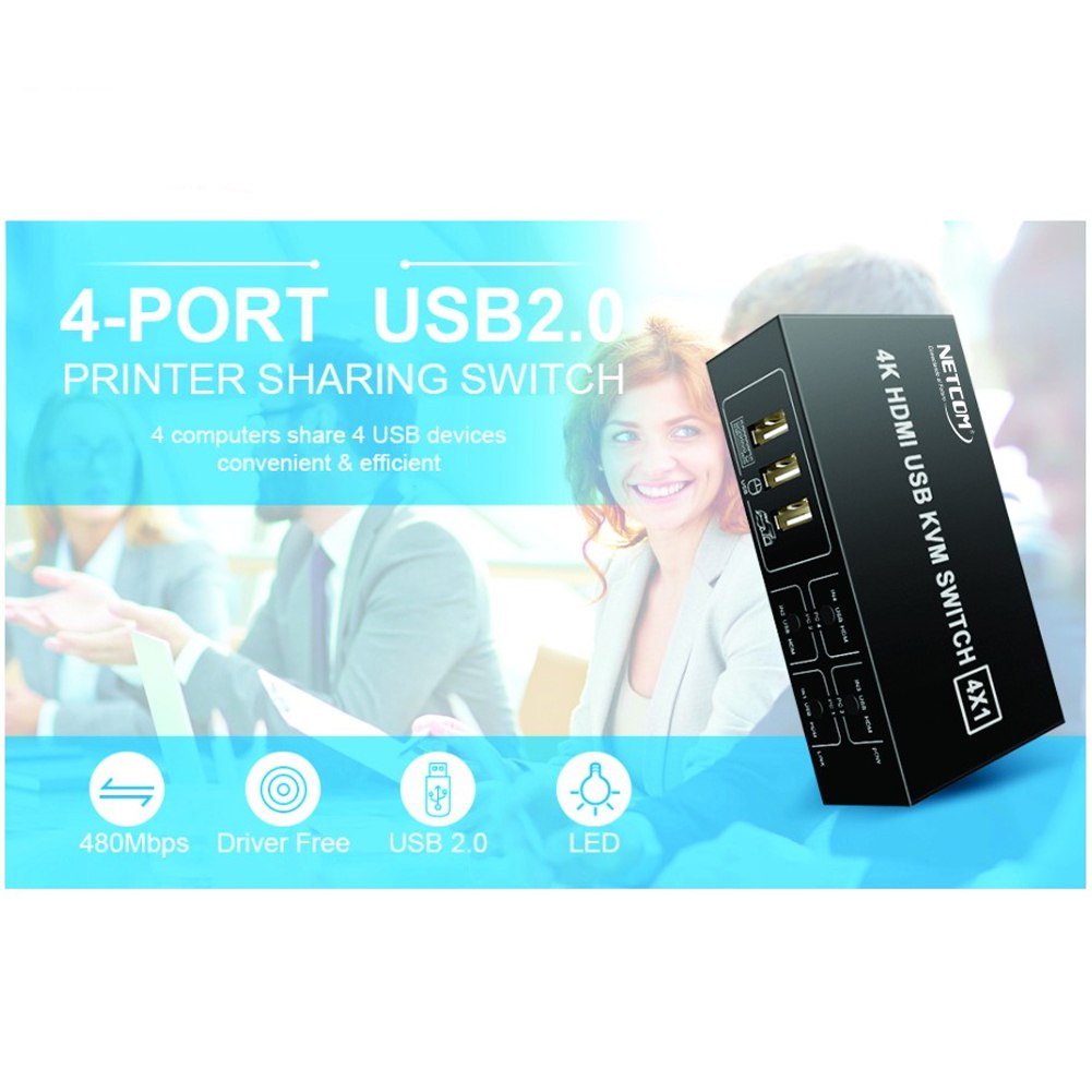 Conmutador Kvm Hdmi Switch 4 X 1 4k 60hz Netcom 4 Puertos USB S1891