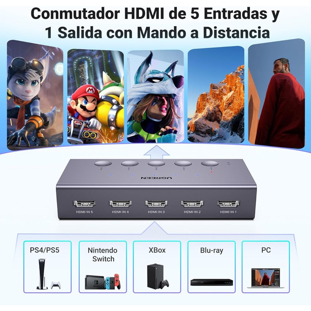 Switch Hdmi 2.0 5 Puertos 4k 60hz Ugreen 3d Hdr Con Control S1924