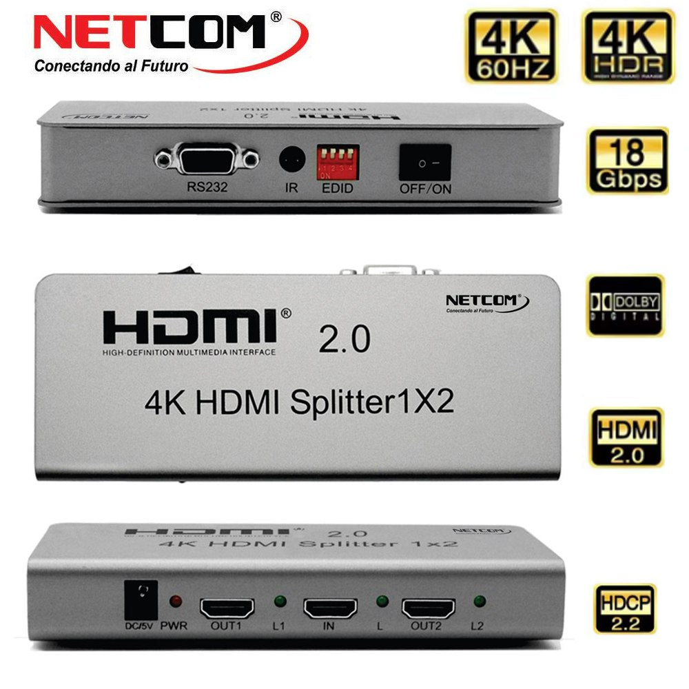 Splitter HDMI 1x2 Metalico 2.0 4K 60Hz 2 pantallas Ultra HD RS232 S1934