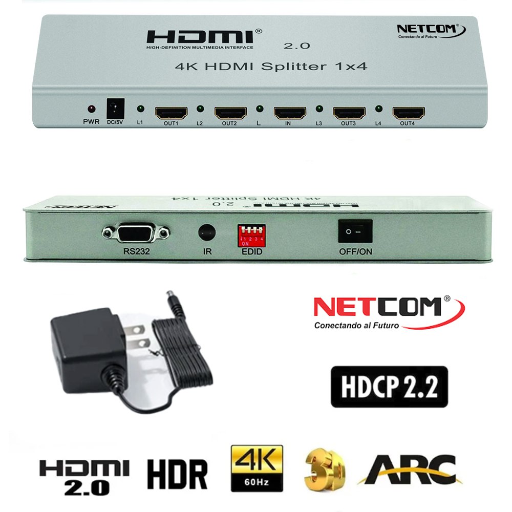 Splitter HDMI 1x4 Metalico 2.0 4K 60Hz 4 pantallas Ultra HD RS232 S1935