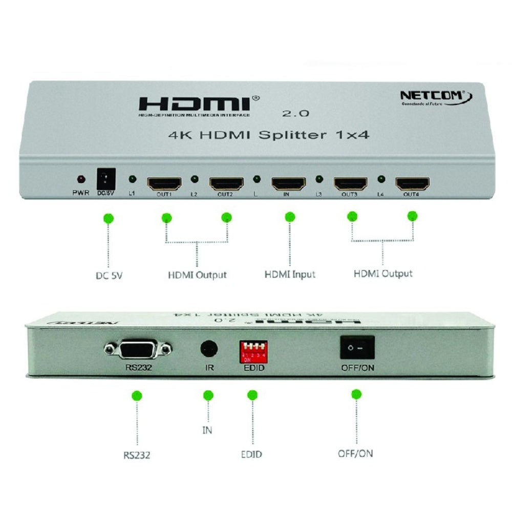 Splitter HDMI 1x4 Metalico 2.0 4K 60Hz 4 pantallas Ultra HD RS232 S1935