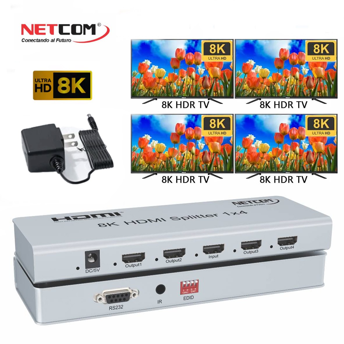Splitter HDMI 1x4 Metalico 2.1 8K 60Hz 4 pantallas HDCP 2.3 RS232 S1936
