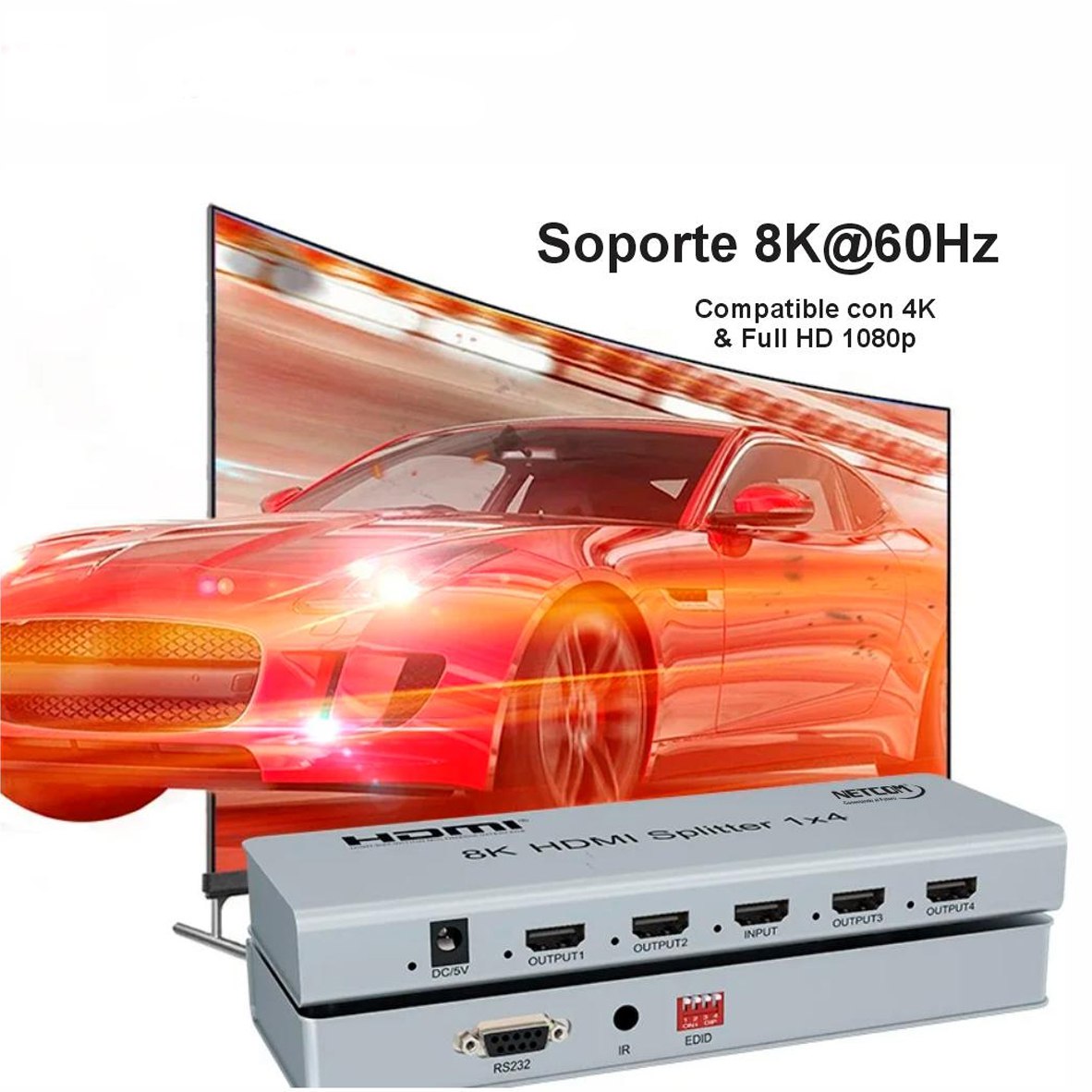 Splitter HDMI 1x4 Metalico 2.1 8K 60Hz 4 pantallas HDCP 2.3 RS232 S1936