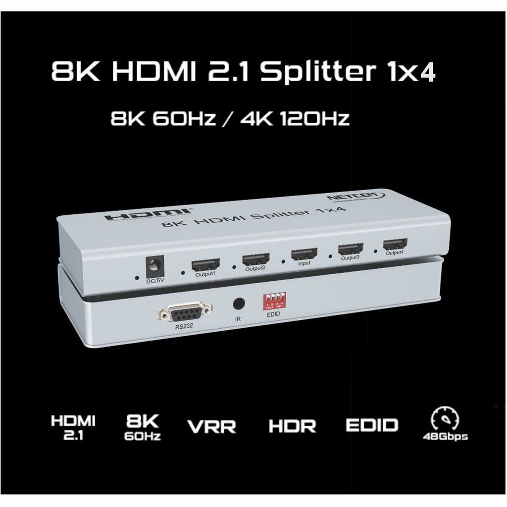 Splitter HDMI 1x4 Metalico 2.1 8K 60Hz 4 pantallas HDCP 2.3 RS232 S1936