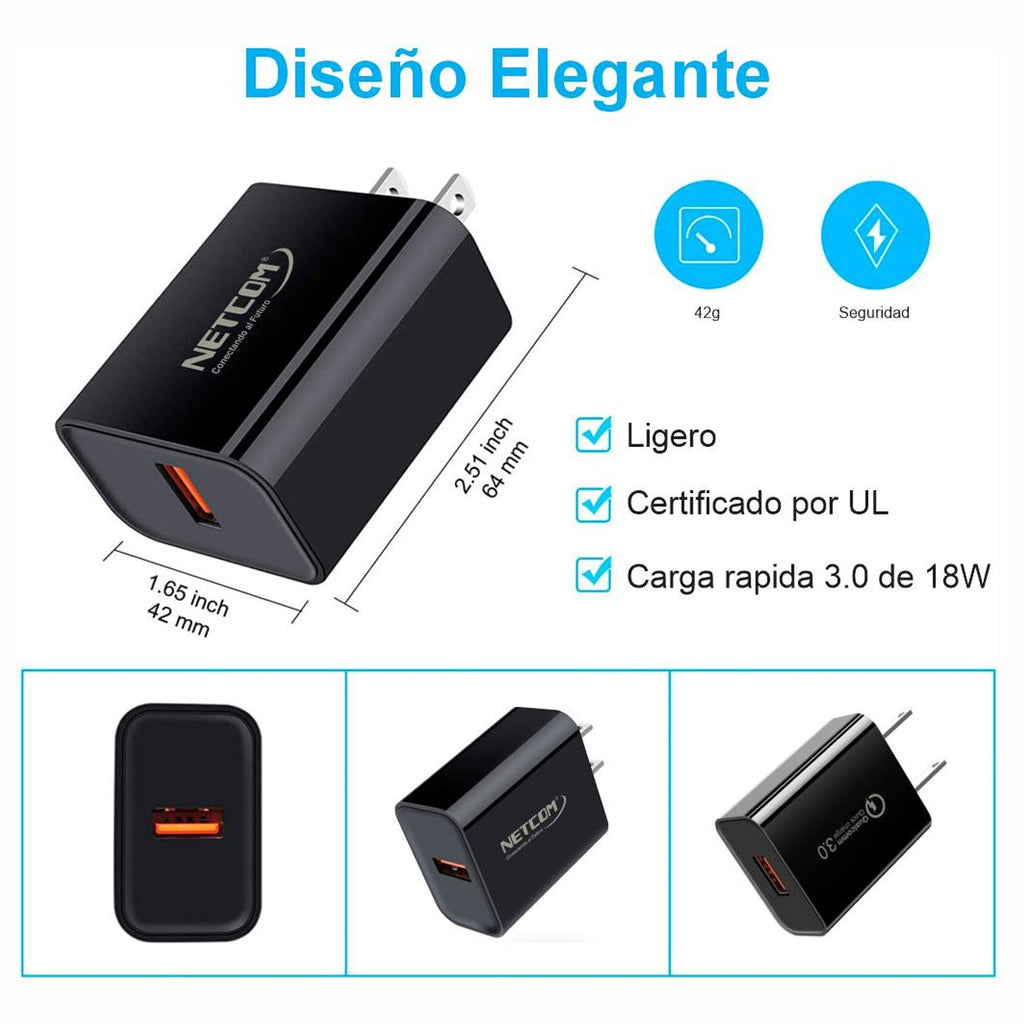 Cargador de Pared CARGA RAPIDA PD 18W QC3.0 usb 3.0 tipo C NETCOM S1938