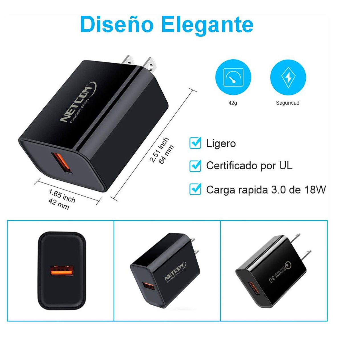 Cargador de Pared CARGA RAPIDA PD 18W QC3.0 usb 3.0 tipo C NETCOM S1938