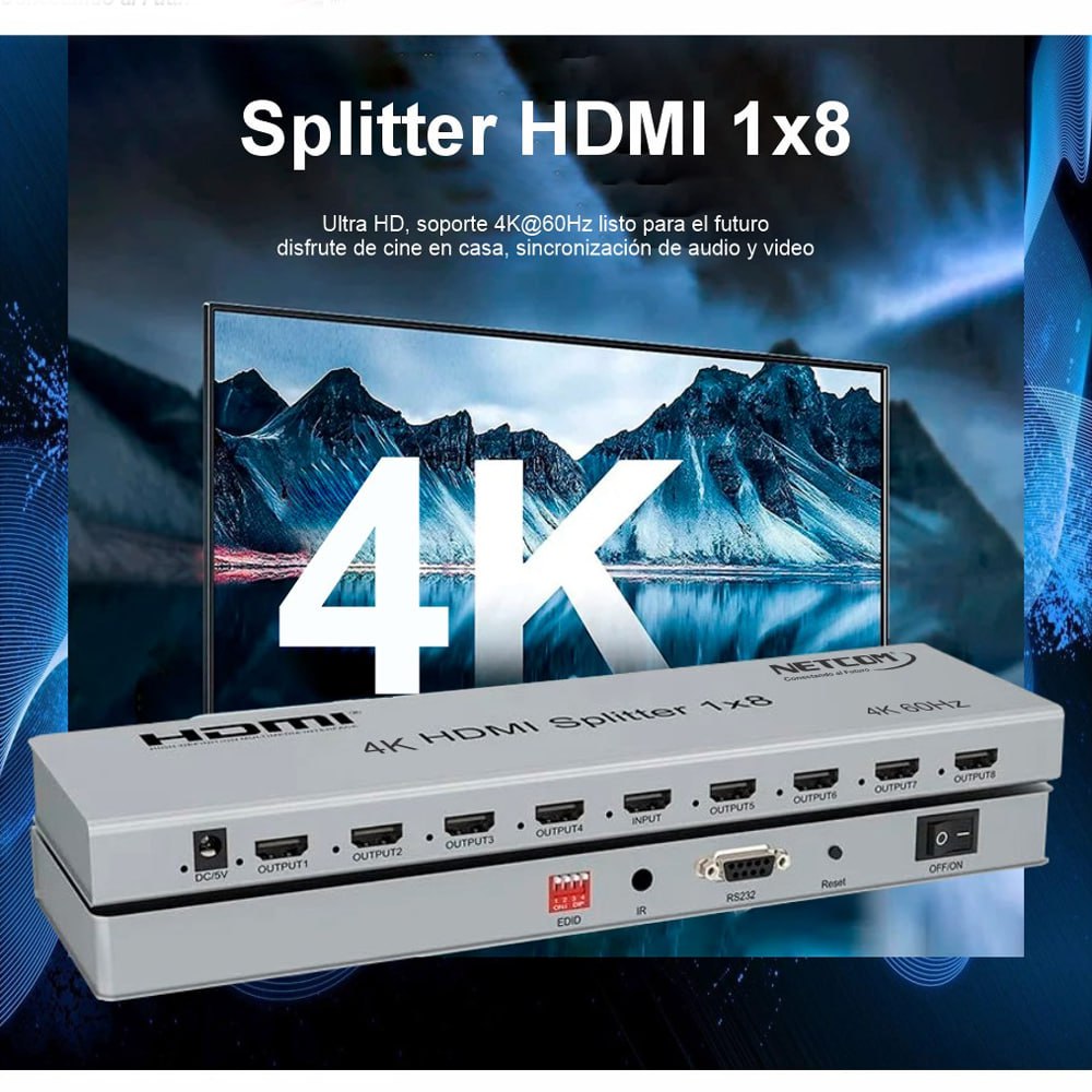 Splitter HDMI 1x8 Metalico 2.0 4K 60Hz 8 pantallas HDCP 2.3 RS232 S1945