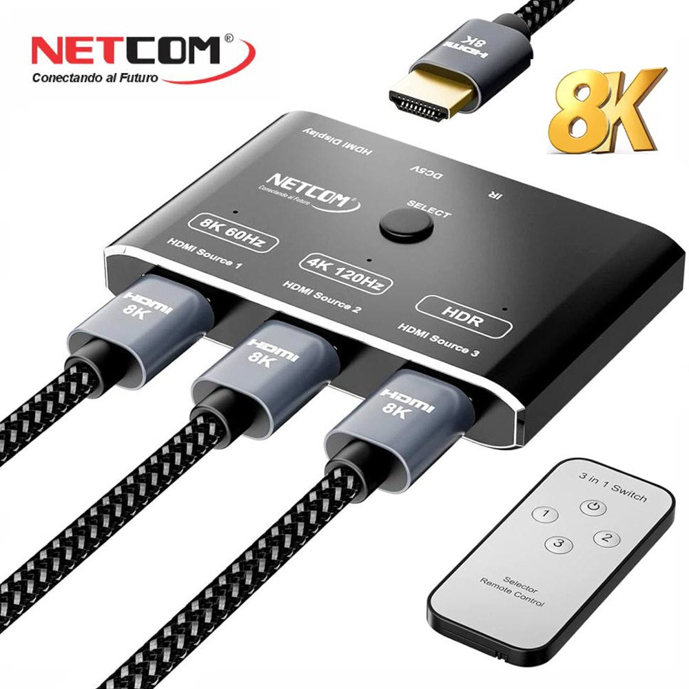Switch HDMI 2.1 3 Puertos 8K 60Hz 3D HDR HDCP 2.3 3x1 48GBps NETCOM S1946