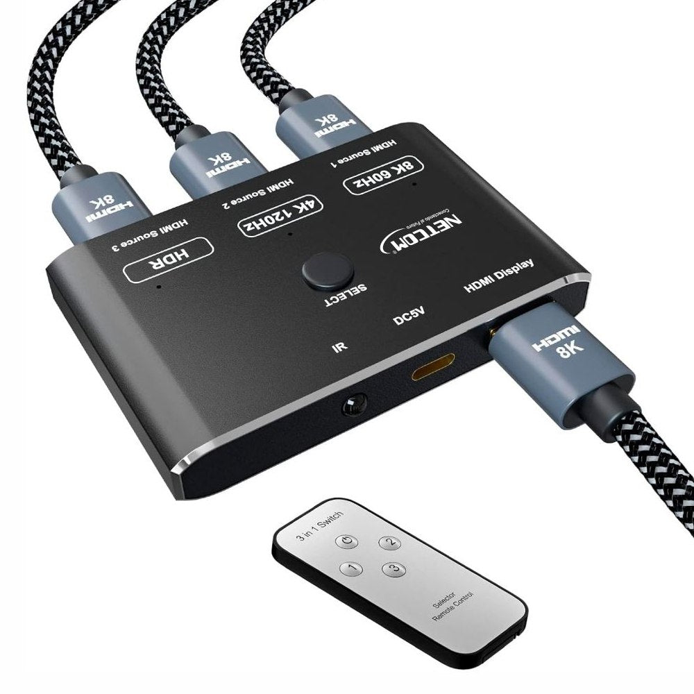 Switch HDMI 2.1 3 Puertos 8K 60Hz 3D HDR HDCP 2.3 3x1 48GBps NETCOM S1946