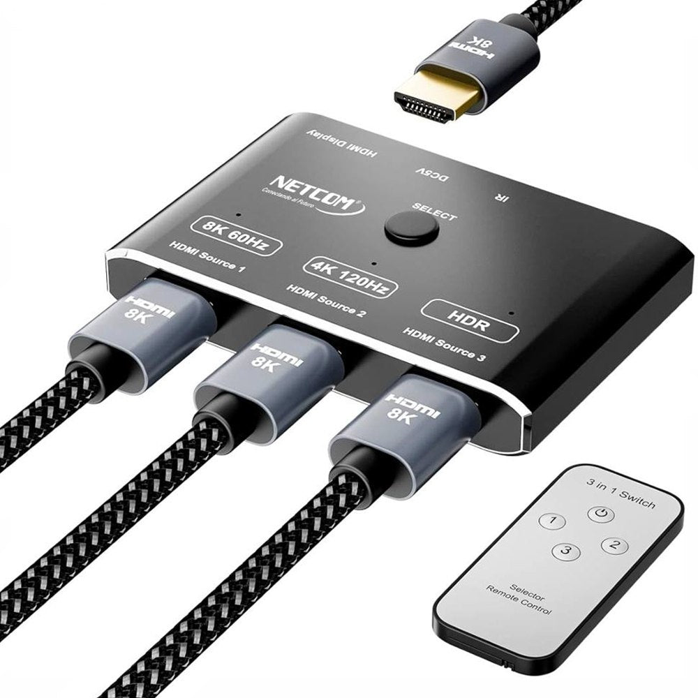 Switch HDMI 2.1 3 Puertos 8K 60Hz 3D HDR HDCP 2.3 3x1 48GBps NETCOM S1946