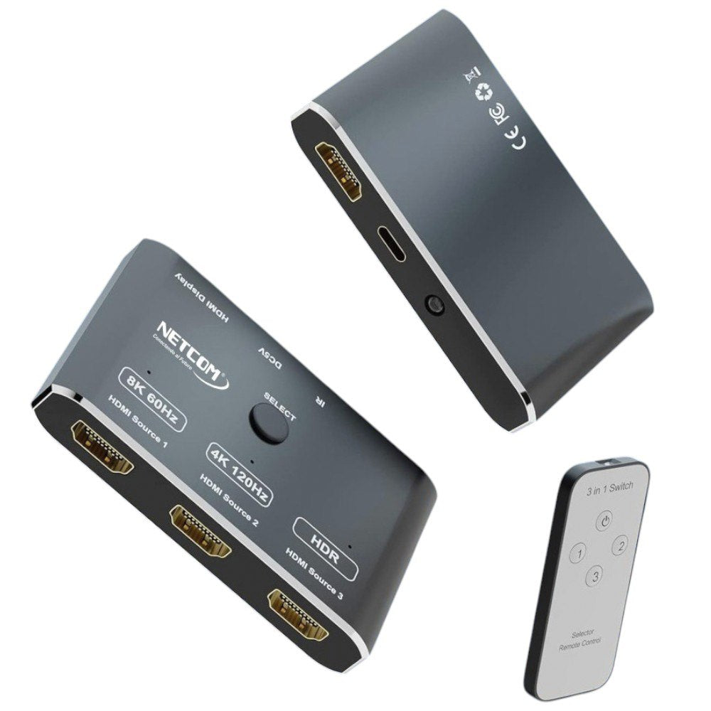 Switch HDMI 2.1 3 Puertos 8K 60Hz 3D HDR HDCP 2.3 3x1 48GBps NETCOM S1946