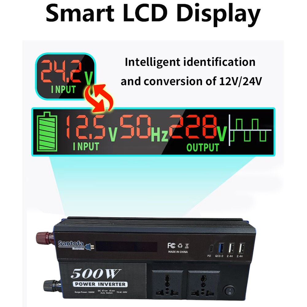 Inversor de Corriente 12V/24V a 220V 500W para Auto Casa y Camping S1949