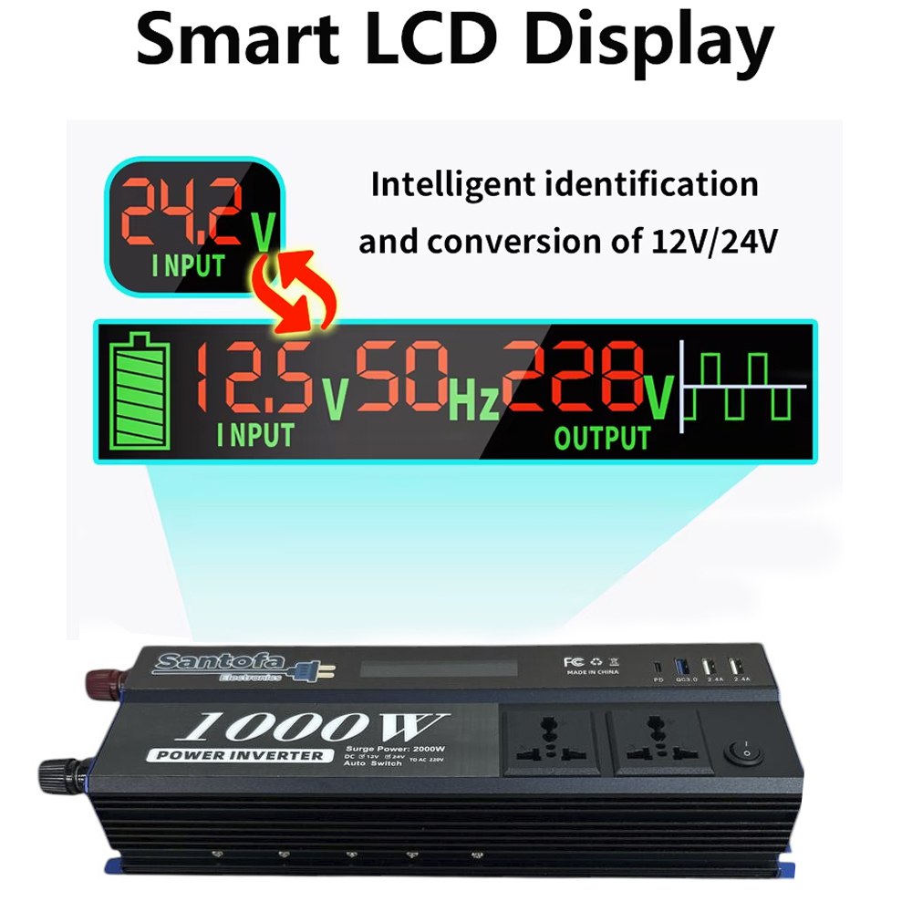 Inversor de Corriente 12V/24V a 220V 1000W para Auto Casa y Camping S1950