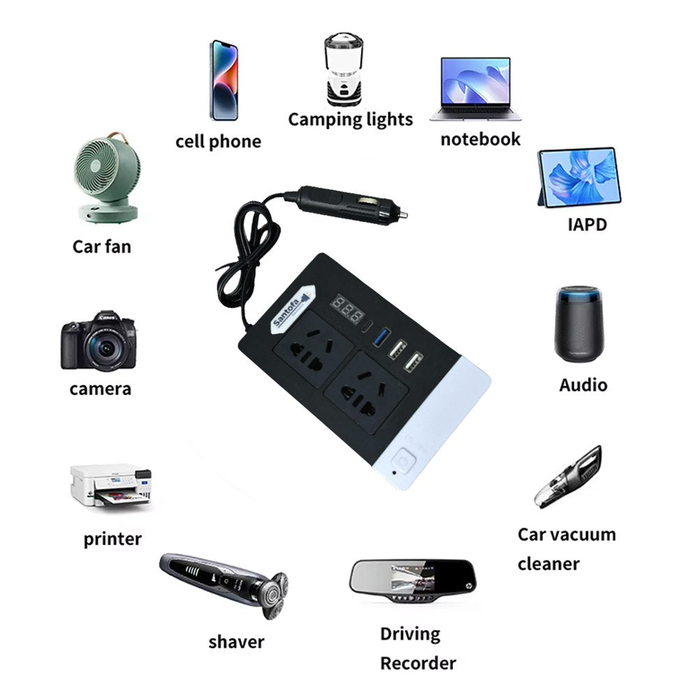 Inversor de corriente 12V a 220V 300W auto 2 USB PD3.0 QC3.0 SANTOFA S1951