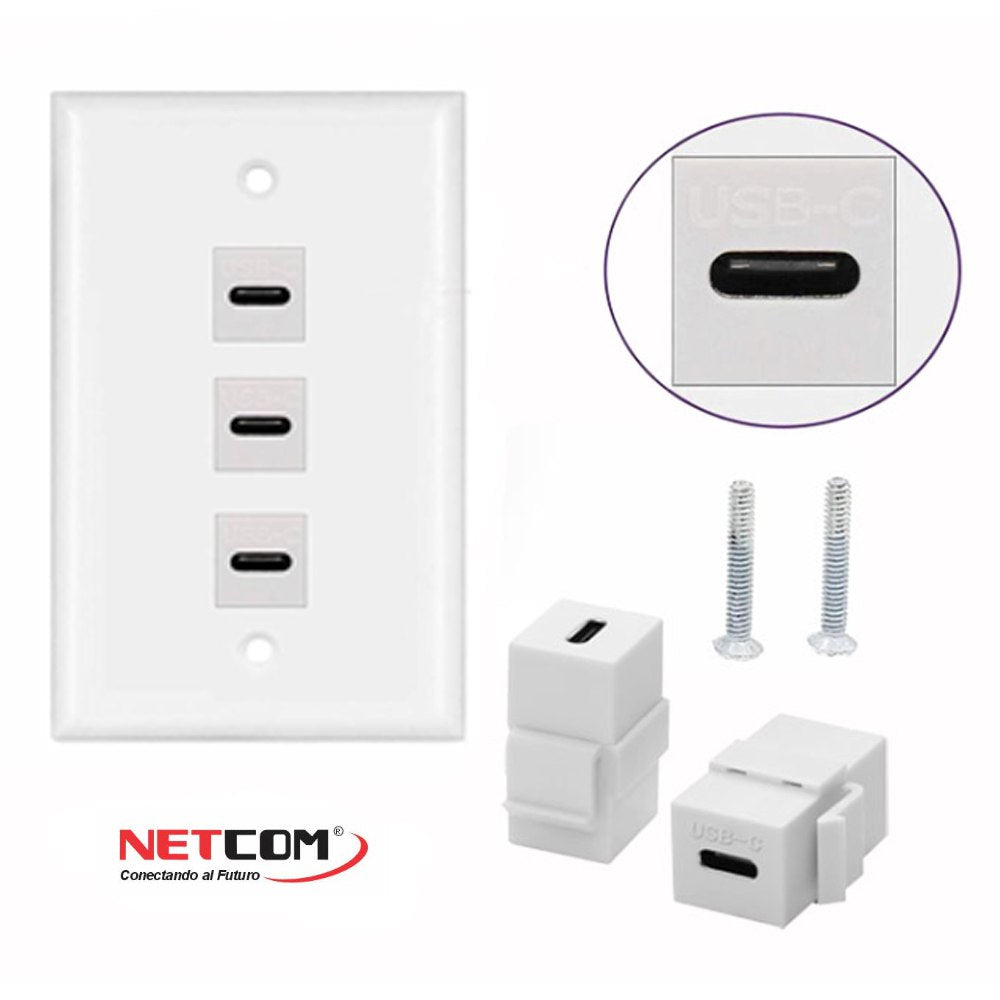 Placa de pared ABS 3 puertos USB C TIPO C Faceplate hembra a hembra NETCOM S1967
