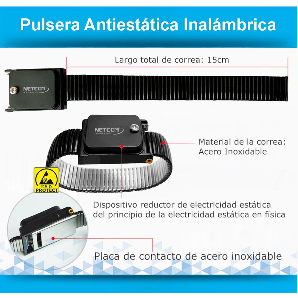 Pulsera Antiestatica inalambrica para electronica NETCOM Brazalate acero S1972