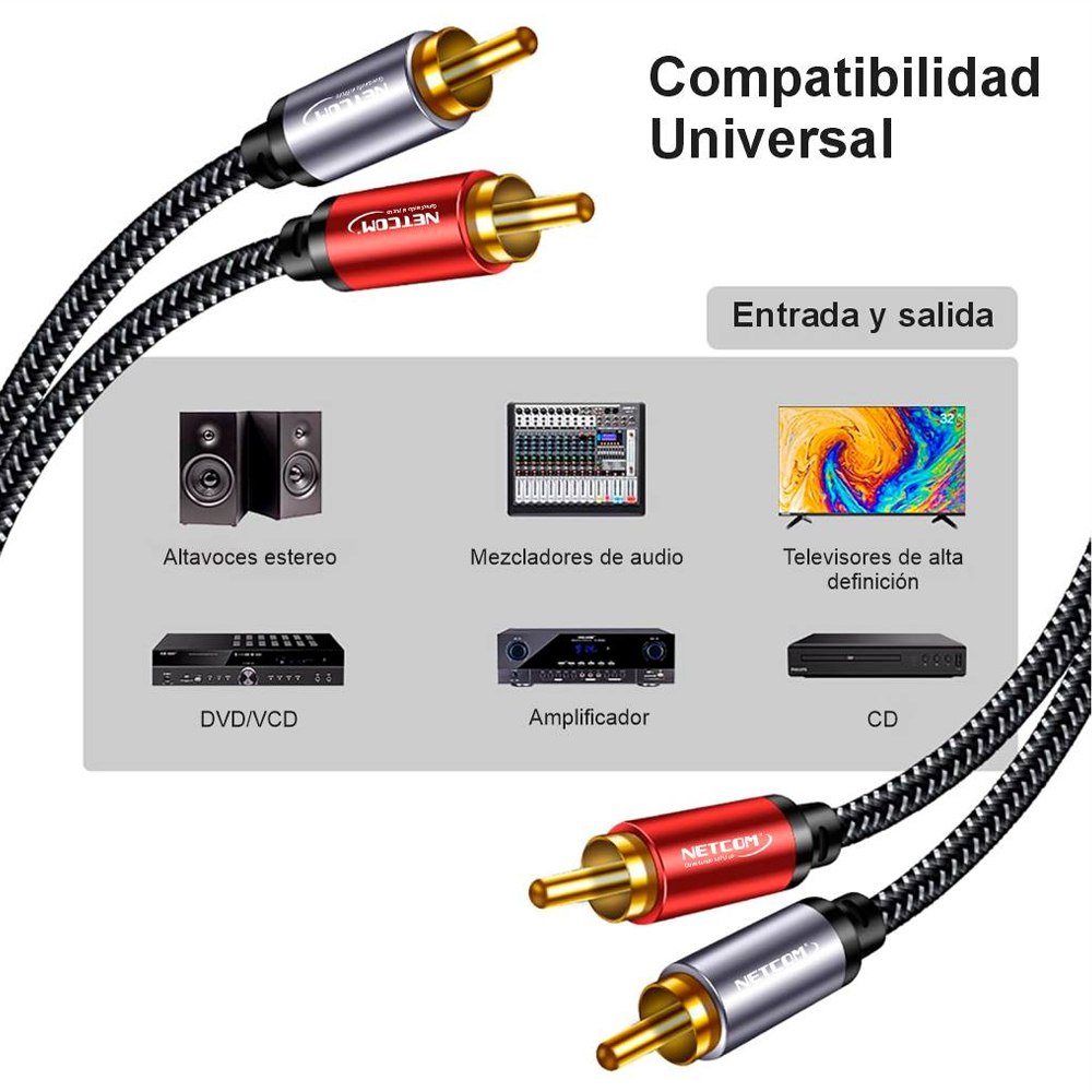 Cable de audio 2 RCA a 2 RCA Macho 1.8 Metros NETCOM S1973