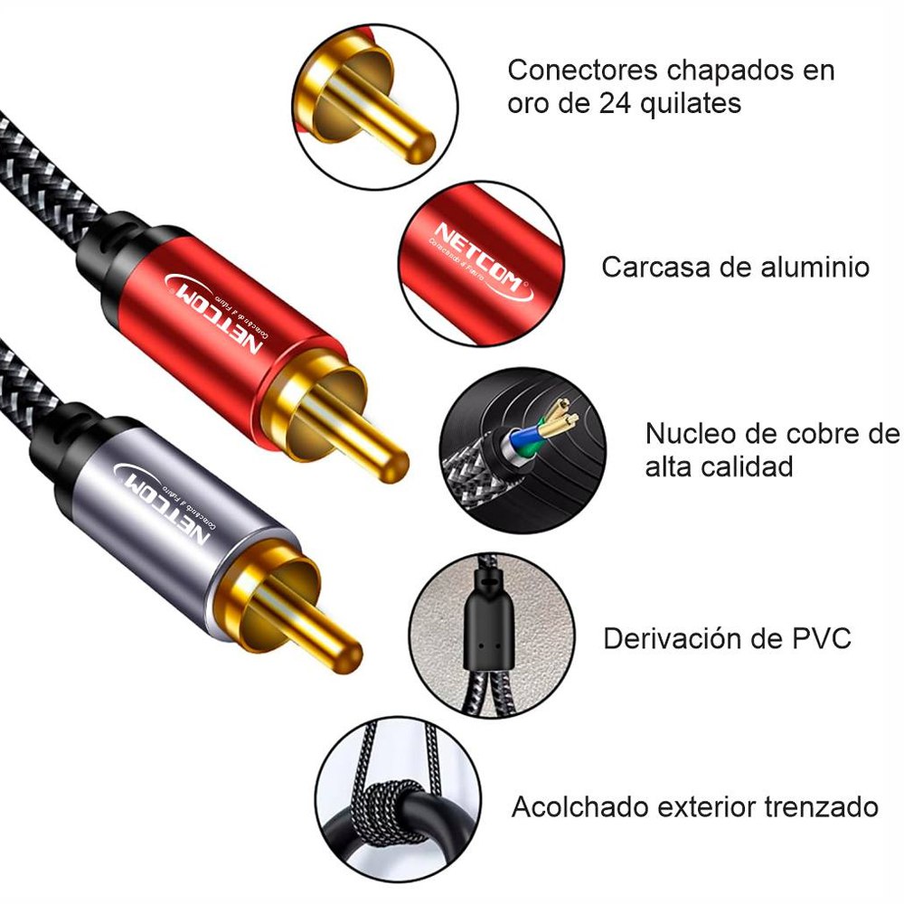 Cable de audio 2 RCA a 2 RCA Macho 1.8 Metros NETCOM S1973