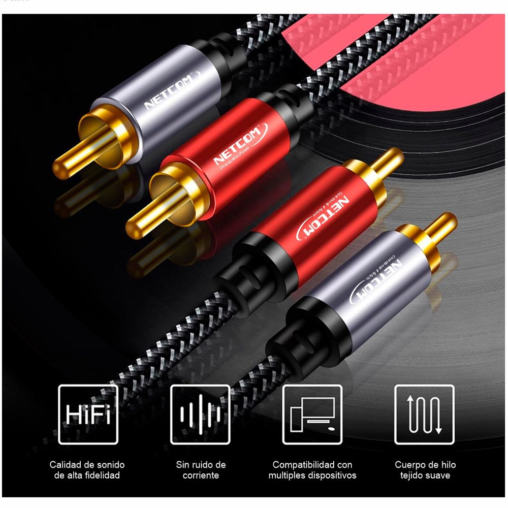 Cable de audio 2 RCA a 2 RCA Macho 1.8 Metros NETCOM S1973