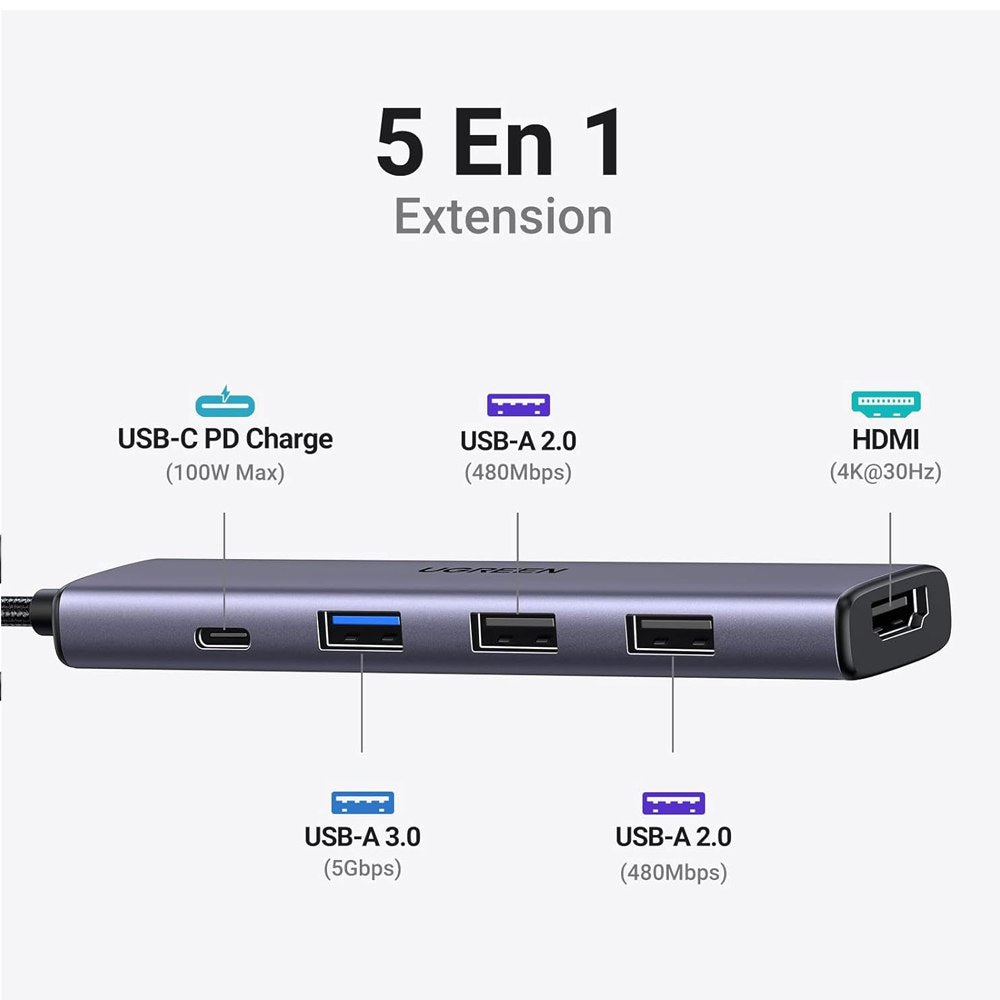 Hub USB-C 5 en 1 UGREEN 70495 | HDMI 4K@60Hz | 3 USB 3.0 | Power Delivery 100W S1987