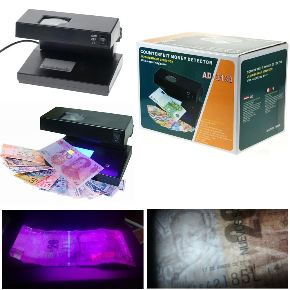 Detector de Billetes Falsos AD-2138 con Luz UV y Lupa Soles Dólares y Euros S1989