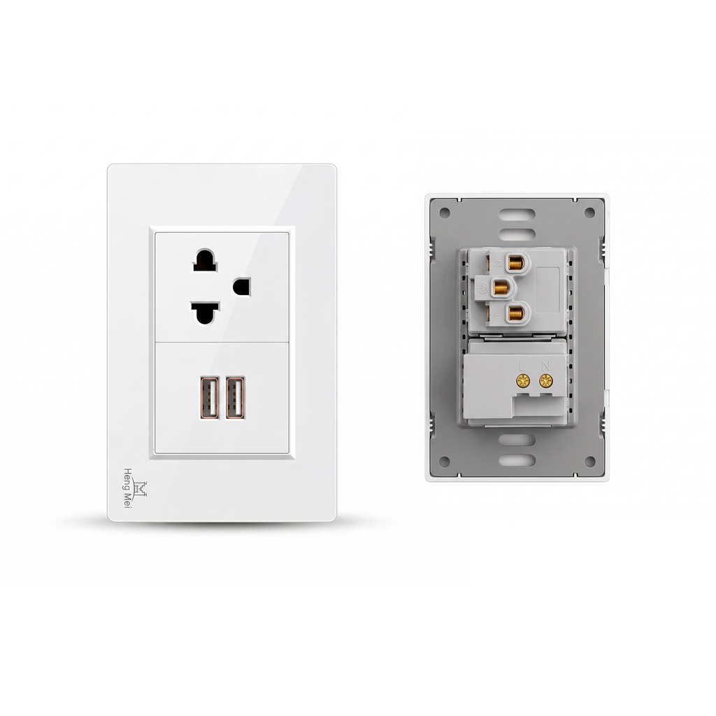 Tomacorriente de Pared Universal Heng Mei con Doble Puerto USB-A 15A 127V-250V Blanco s2254