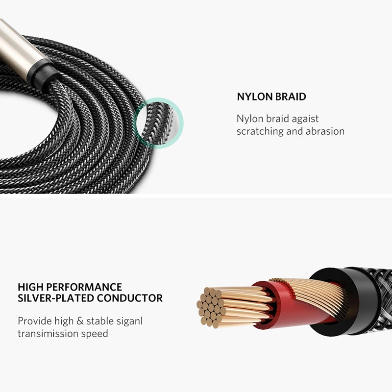 Cable de Audio Mono TS 6.35mm (6.5mm) de 3 Metros Ugreen Trenzado de Nailon S2166