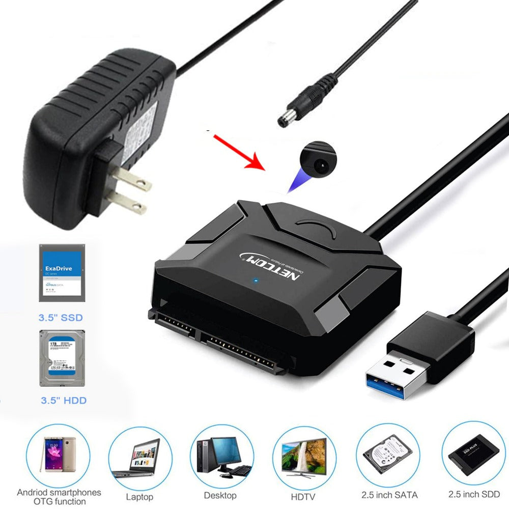 Adaptador USB 3.0 a SATA NETCOM – HDD/SSD 2.5” y 3.5” hasta 16TB S1188
