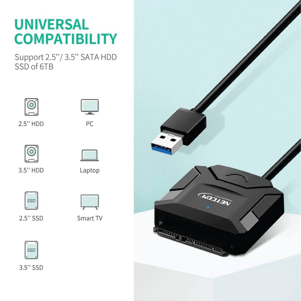 Adaptador USB 3.0 a SATA NETCOM – HDD/SSD 2.5” y 3.5” hasta 16TB S1188
