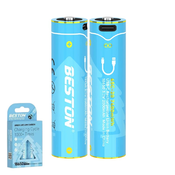 Pack 2 Pilas Recargables 18650 Litio BESTON 3.7V 2000mAh 7400mWh Carga Directa USB-C s2252