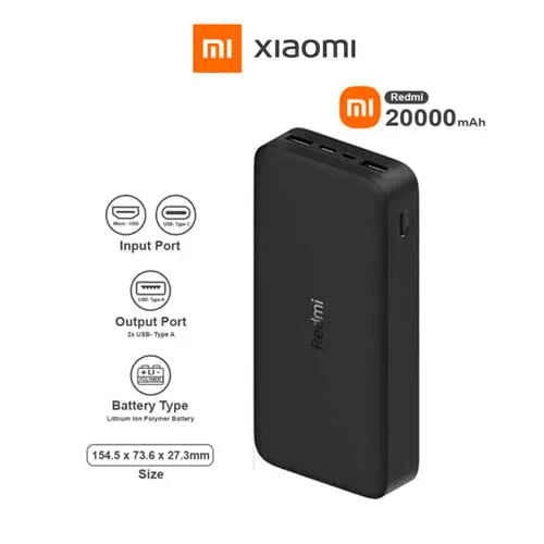 Cargador Batería Portátil Power Bank Xiaomi Redmi 20000 mAh 18W Carga Rápida Negro S2193