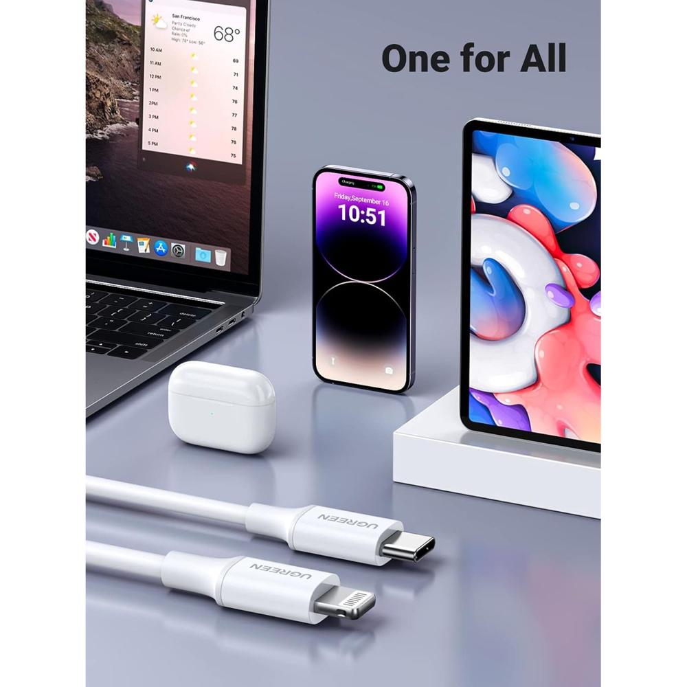 Cable USB-C a Lightning Ugreen Carga Rápida PD Certificado MFi 1 Metro Blanco S2195