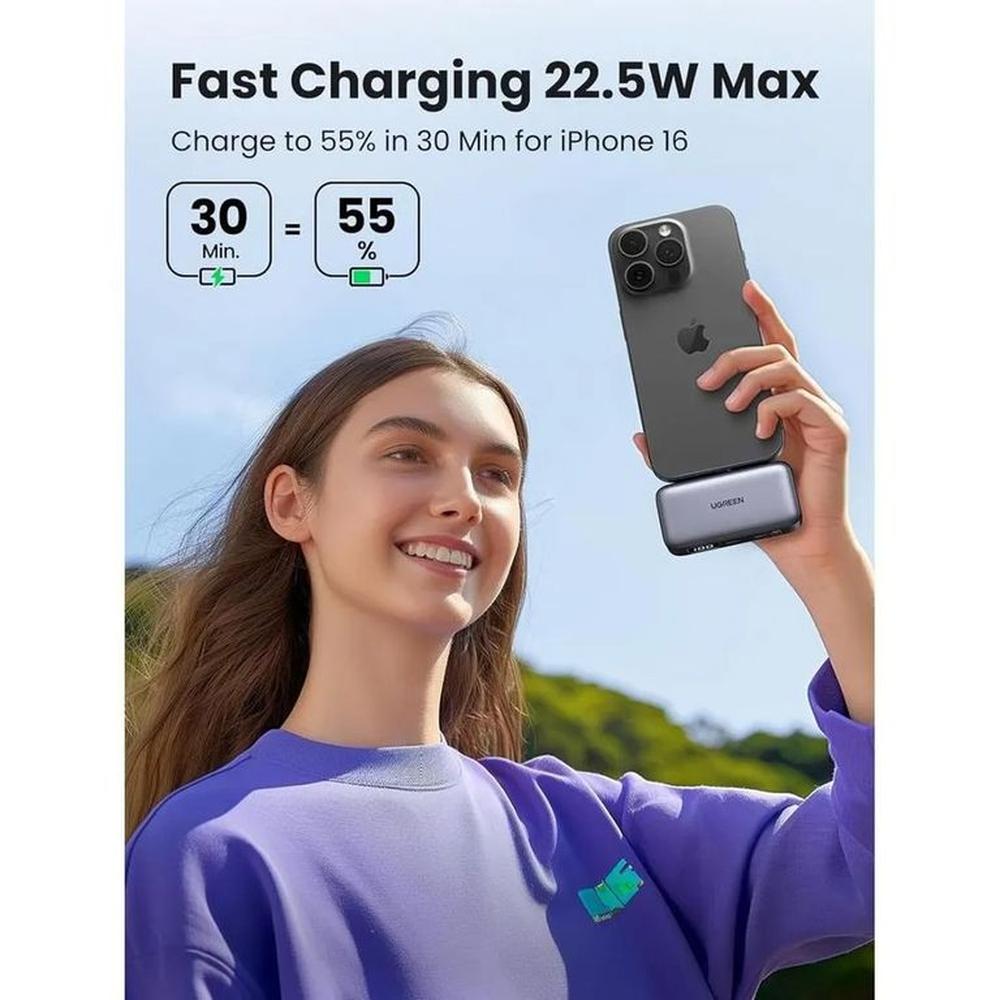Mini Power Bank Ugreen 5000 mAh Carga Rápida 20W USB-C Integrado PB503 con Soporte y Pantalla LED S2200